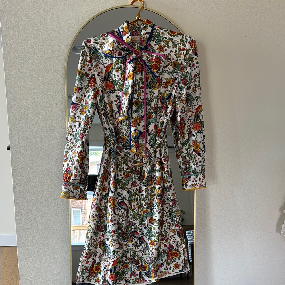 Floral Long-Sleeve Dress with Bow Tie